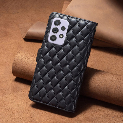 BINFEN COLOR for Samsung Galaxy A52 4G / 5G / A52s 5G BF Style-15 Imprinted Rhombus Pattern Protective Case with Zipper Pocket Stand Matte PU Leather Wallet Cover