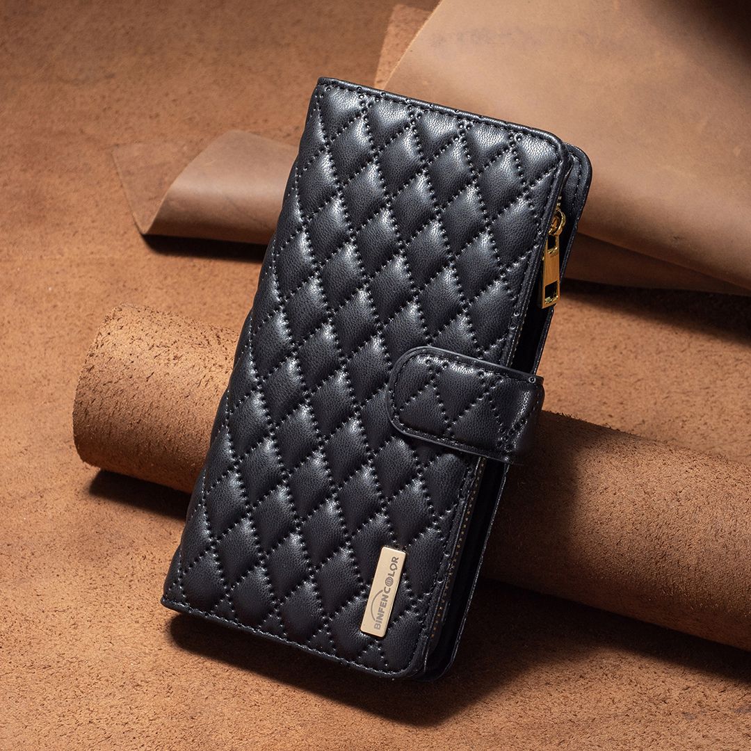 BINFEN COLOR for Samsung Galaxy A52 4G / 5G / A52s 5G BF Style-15 Imprinted Rhombus Pattern Protective Case with Zipper Pocket Stand Matte PU Leather Wallet Cover
