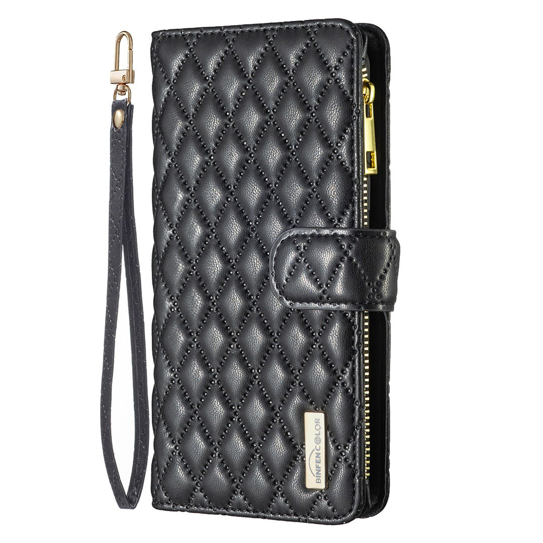 BINFEN COLOR for Samsung Galaxy A52 4G / 5G / A52s 5G BF Style-15 Imprinted Rhombus Pattern Protective Case with Zipper Pocket Stand Matte PU Leather Wallet Cover