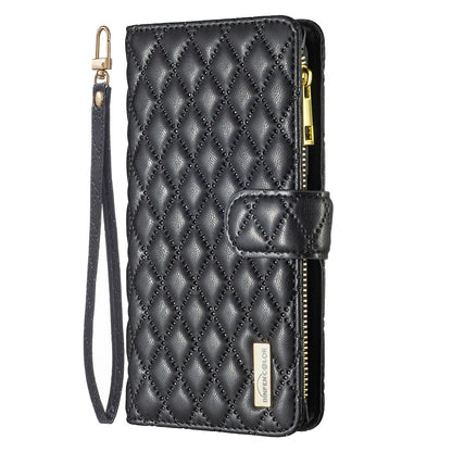 BINFEN COLOR for Samsung Galaxy A52 4G / 5G / A52s 5G BF Style-15 Imprinted Rhombus Pattern Protective Case with Zipper Pocket Stand Matte PU Leather Wallet Cover