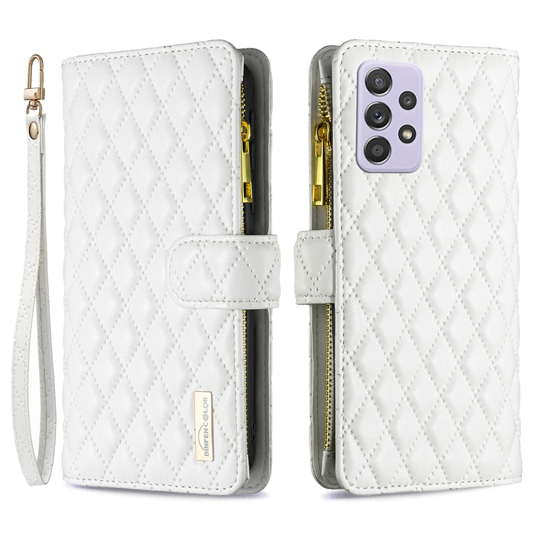 BINFEN COLOR for Samsung Galaxy A52 4G / 5G / A52s 5G BF Style-15 Imprinted Rhombus Pattern Protective Case with Zipper Pocket Stand Matte PU Leather Wallet Cover
