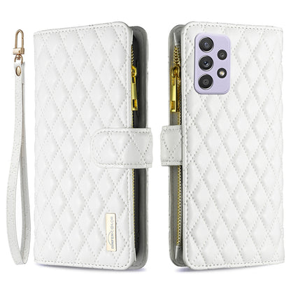 BINFEN COLOR for Samsung Galaxy A52 4G / 5G / A52s 5G BF Style-15 Imprinted Rhombus Pattern Protective Case with Zipper Pocket Stand Matte PU Leather Wallet Cover