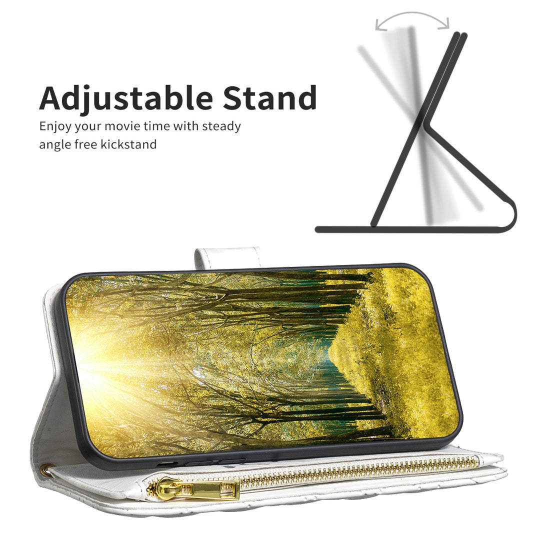 BINFEN COLOR for Samsung Galaxy A52 4G / 5G / A52s 5G BF Style-15 Imprinted Rhombus Pattern Protective Case with Zipper Pocket Stand Matte PU Leather Wallet Cover