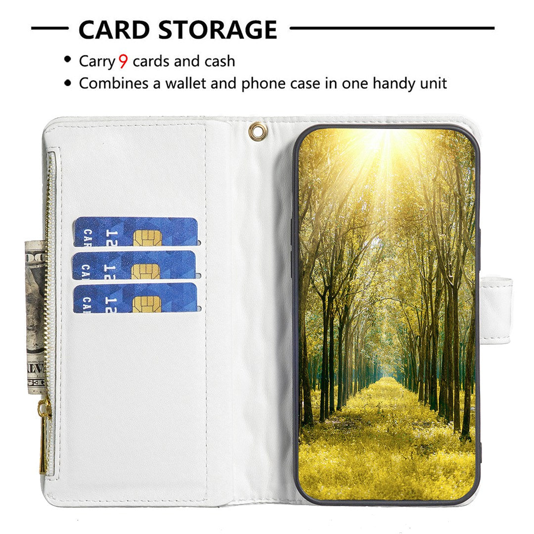BINFEN COLOR for Samsung Galaxy A52 4G / 5G / A52s 5G BF Style-15 Imprinted Rhombus Pattern Protective Case with Zipper Pocket Stand Matte PU Leather Wallet Cover