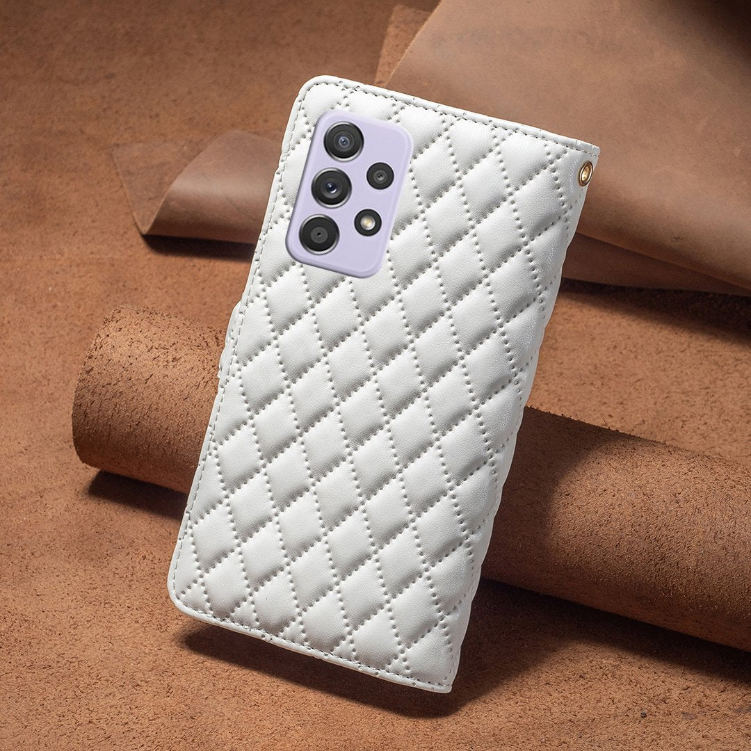 BINFEN COLOR for Samsung Galaxy A52 4G / 5G / A52s 5G BF Style-15 Imprinted Rhombus Pattern Protective Case with Zipper Pocket Stand Matte PU Leather Wallet Cover