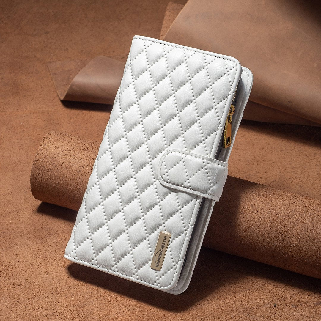 BINFEN COLOR for Samsung Galaxy A52 4G / 5G / A52s 5G BF Style-15 Imprinted Rhombus Pattern Protective Case with Zipper Pocket Stand Matte PU Leather Wallet Cover