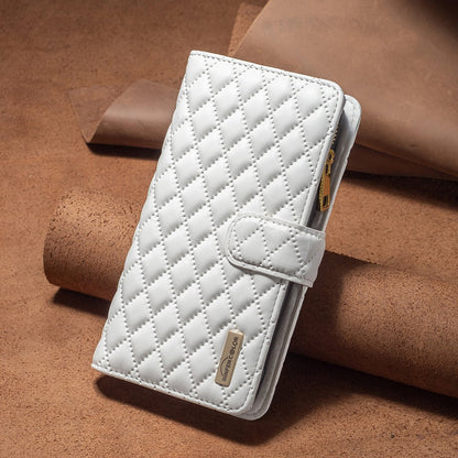 BINFEN COLOR for Samsung Galaxy A52 4G / 5G / A52s 5G BF Style-15 Imprinted Rhombus Pattern Protective Case with Zipper Pocket Stand Matte PU Leather Wallet Cover