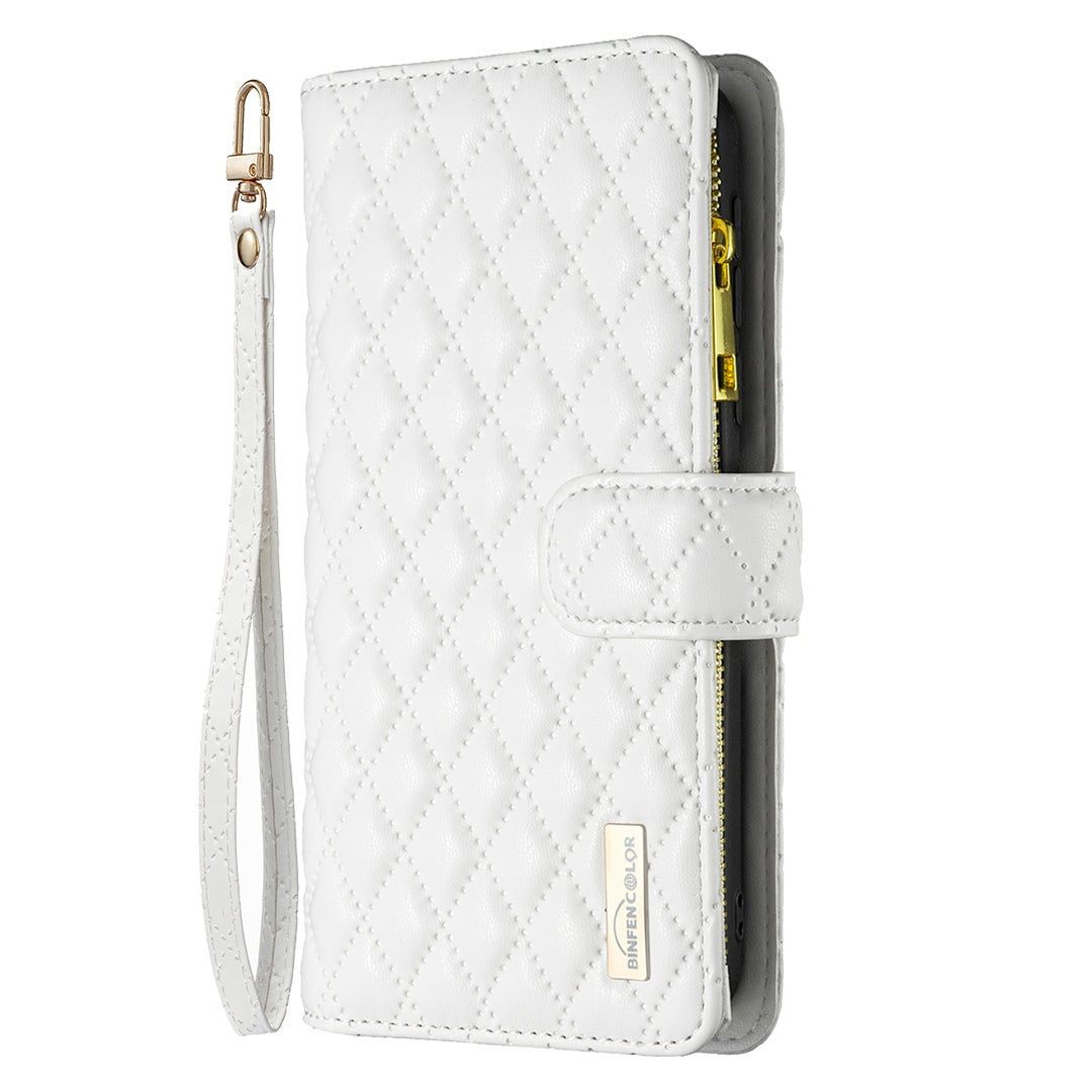 BINFEN COLOR for Samsung Galaxy A52 4G / 5G / A52s 5G BF Style-15 Imprinted Rhombus Pattern Protective Case with Zipper Pocket Stand Matte PU Leather Wallet Cover