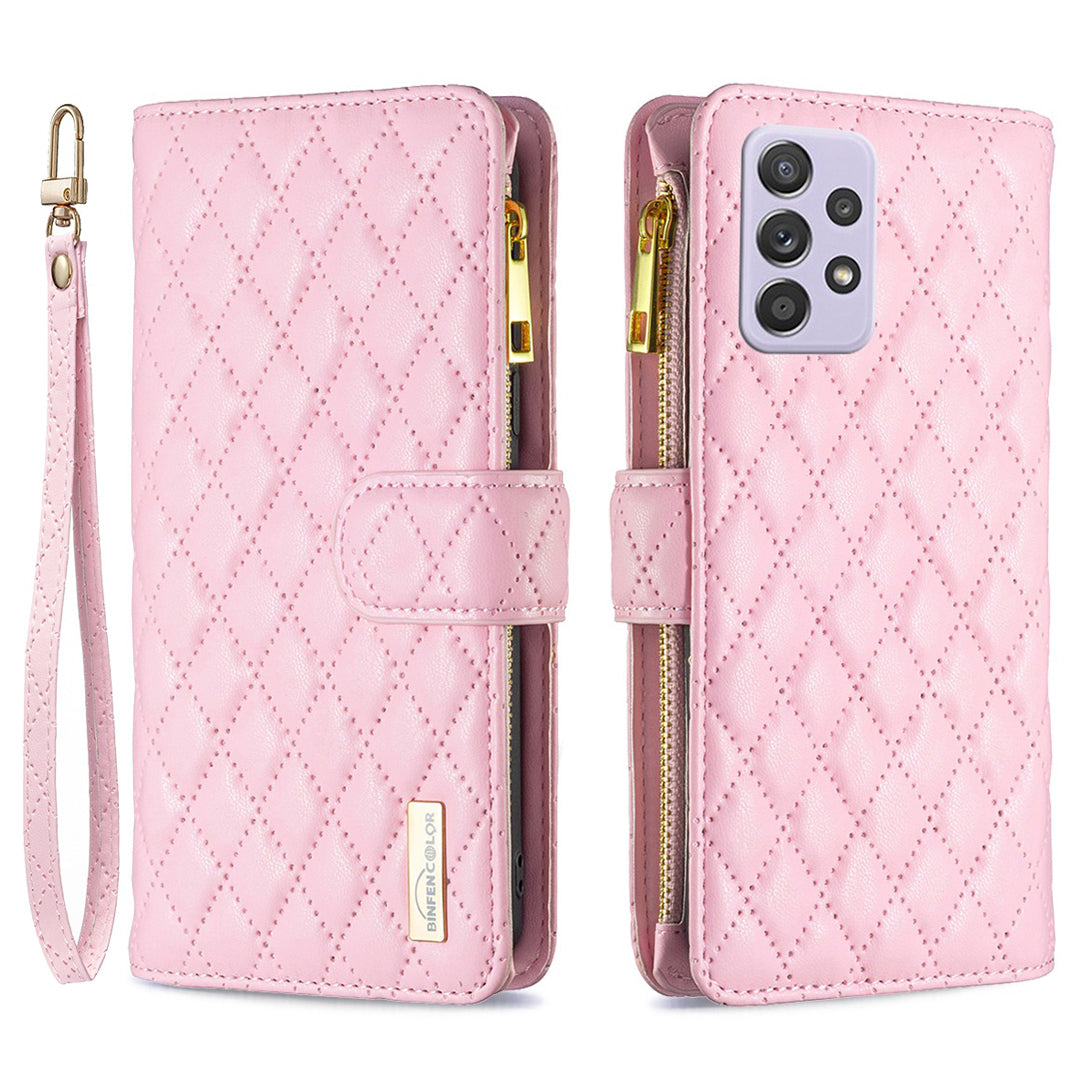 BINFEN COLOR for Samsung Galaxy A52 4G / 5G / A52s 5G BF Style-15 Imprinted Rhombus Pattern Protective Case with Zipper Pocket Stand Matte PU Leather Wallet Cover