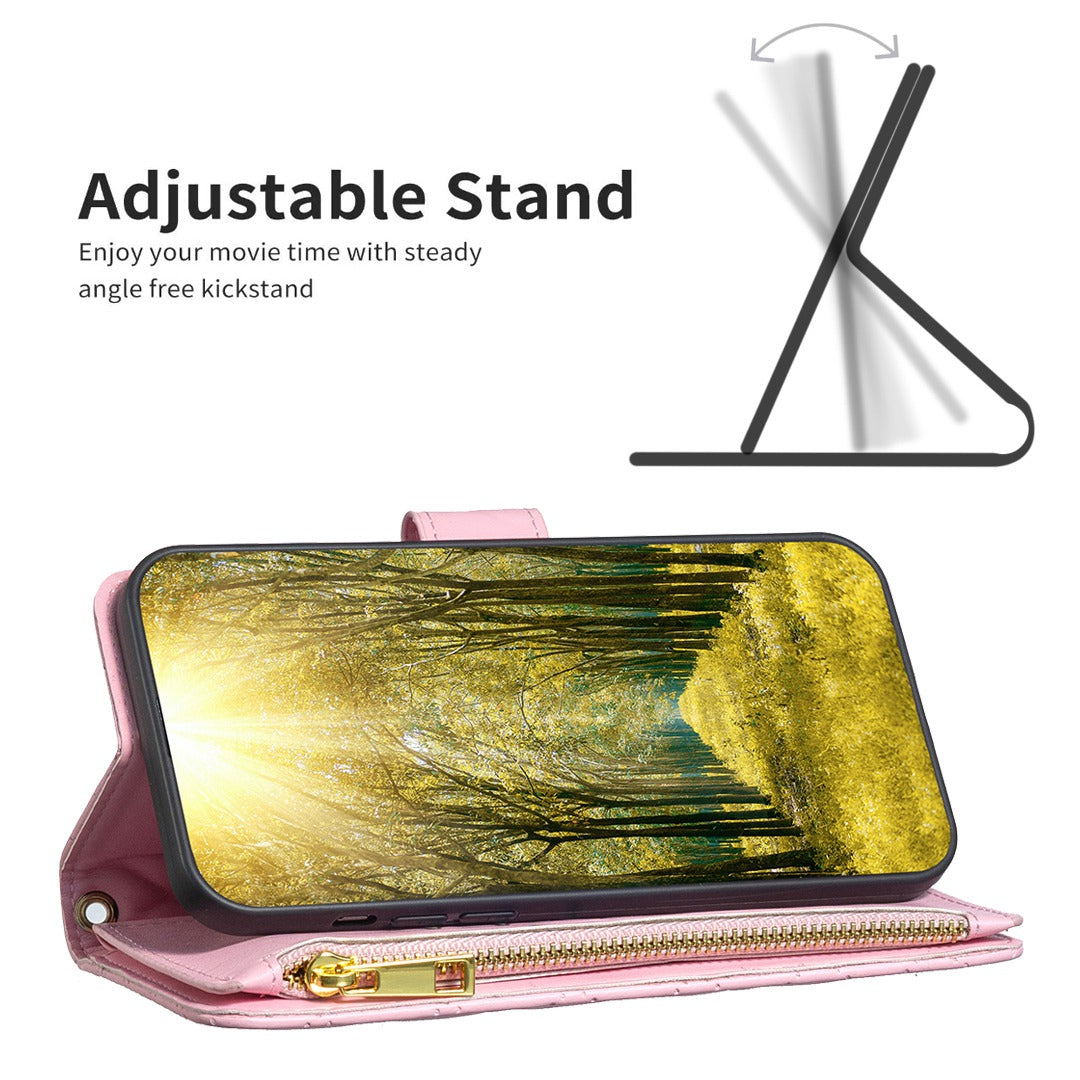 BINFEN COLOR for Samsung Galaxy A52 4G / 5G / A52s 5G BF Style-15 Imprinted Rhombus Pattern Protective Case with Zipper Pocket Stand Matte PU Leather Wallet Cover