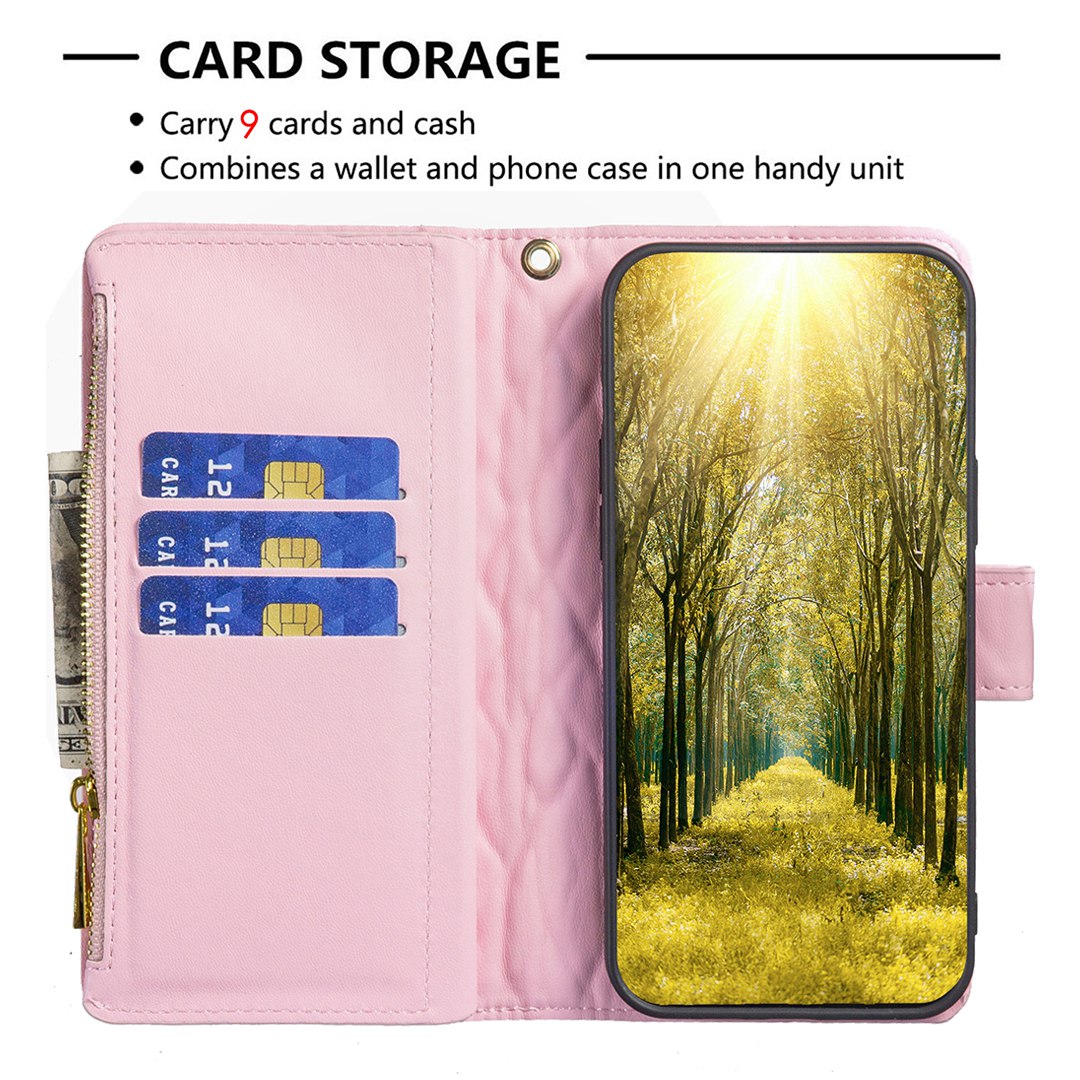 BINFEN COLOR for Samsung Galaxy A52 4G / 5G / A52s 5G BF Style-15 Imprinted Rhombus Pattern Protective Case with Zipper Pocket Stand Matte PU Leather Wallet Cover