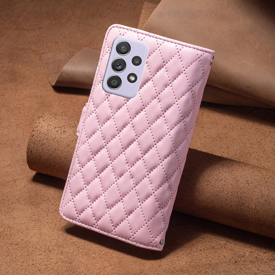 BINFEN COLOR for Samsung Galaxy A52 4G / 5G / A52s 5G BF Style-15 Imprinted Rhombus Pattern Protective Case with Zipper Pocket Stand Matte PU Leather Wallet Cover