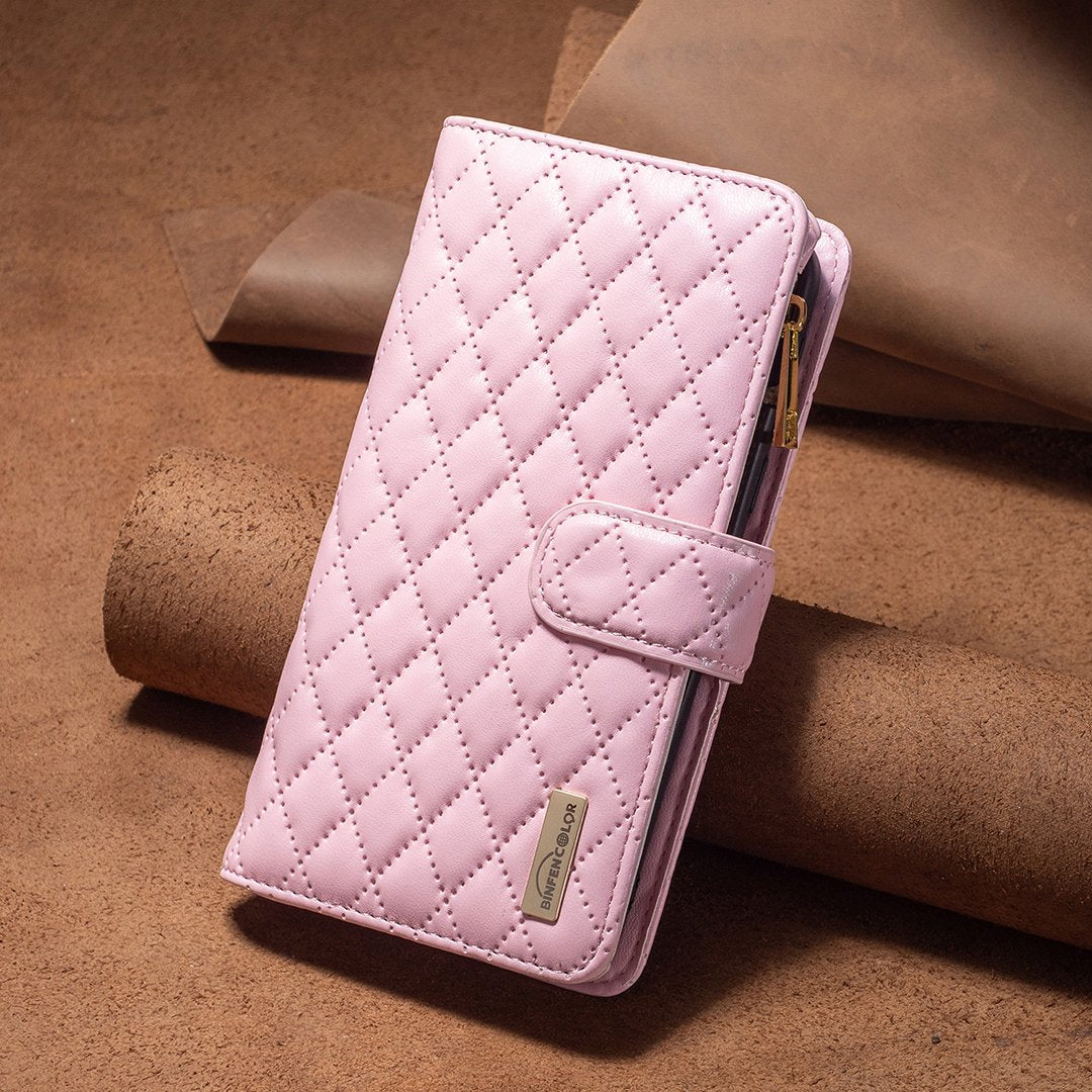 BINFEN COLOR for Samsung Galaxy A52 4G / 5G / A52s 5G BF Style-15 Imprinted Rhombus Pattern Protective Case with Zipper Pocket Stand Matte PU Leather Wallet Cover