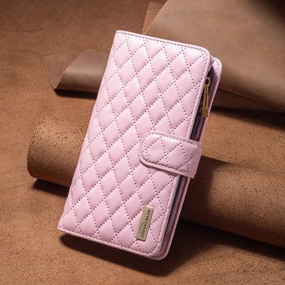 BINFEN COLOR for Samsung Galaxy A52 4G / 5G / A52s 5G BF Style-15 Imprinted Rhombus Pattern Protective Case with Zipper Pocket Stand Matte PU Leather Wallet Cover