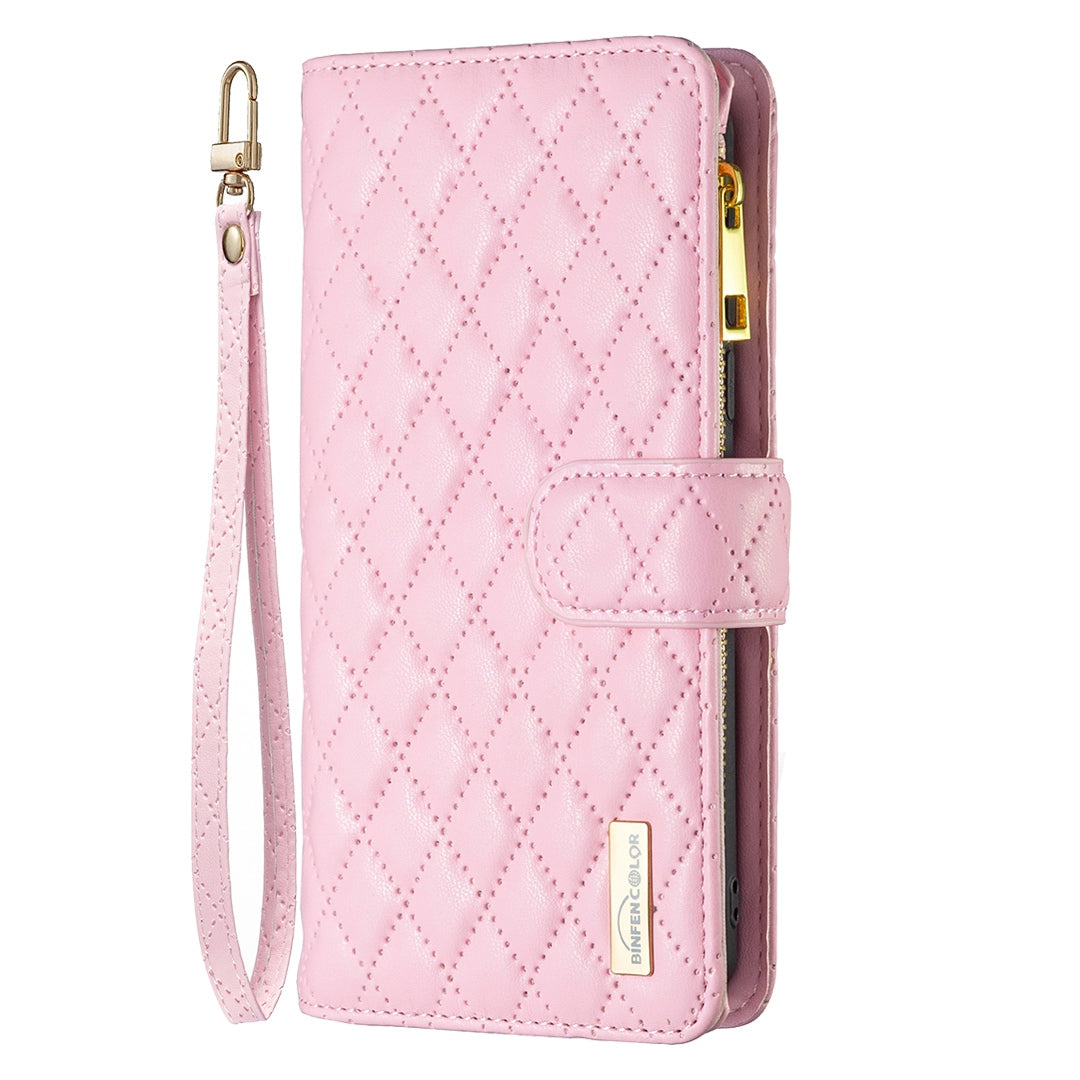 BINFEN COLOR for Samsung Galaxy A52 4G / 5G / A52s 5G BF Style-15 Imprinted Rhombus Pattern Protective Case with Zipper Pocket Stand Matte PU Leather Wallet Cover