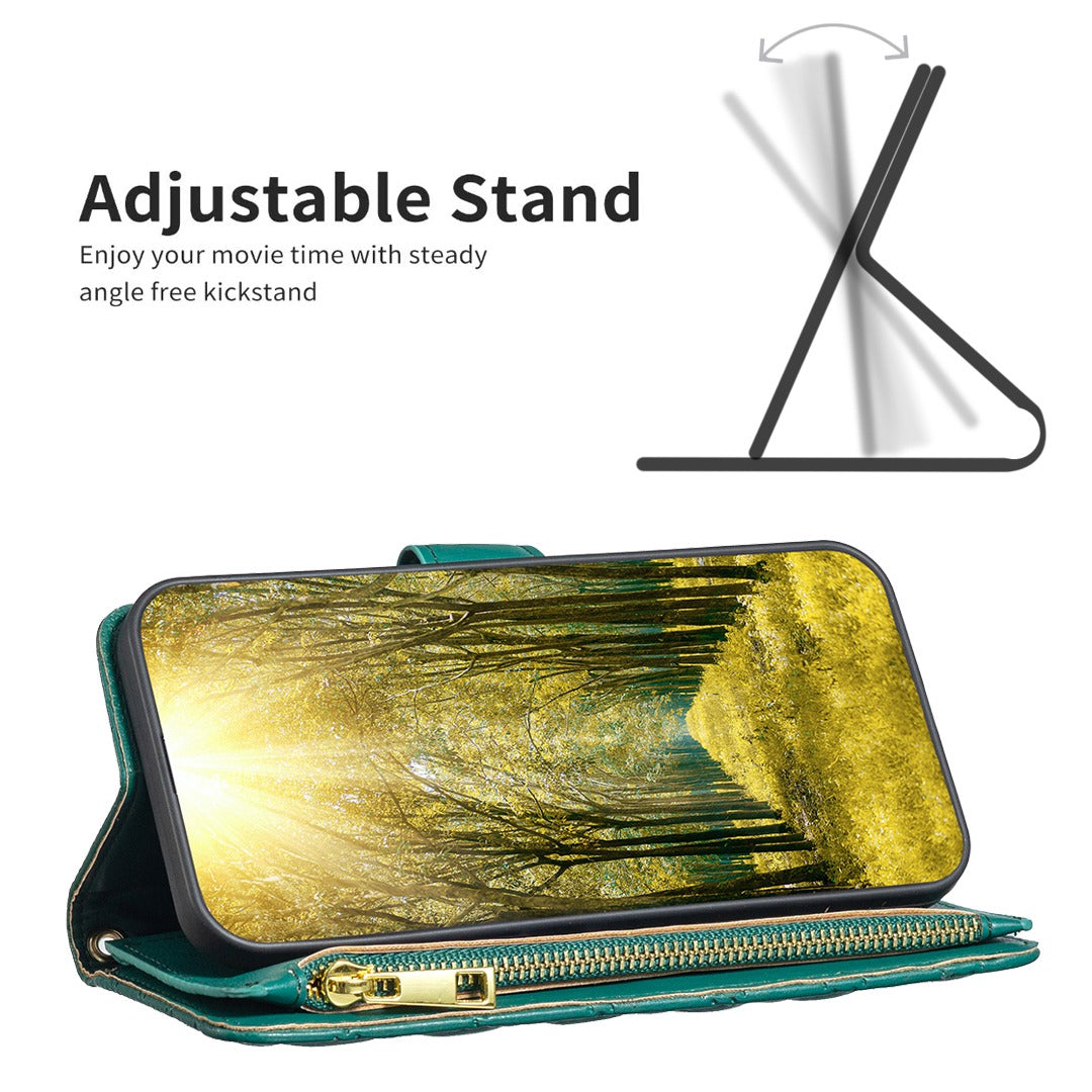 BINFEN COLOR for Samsung Galaxy A52 4G / 5G / A52s 5G BF Style-15 Imprinted Rhombus Pattern Protective Case with Zipper Pocket Stand Matte PU Leather Wallet Cover