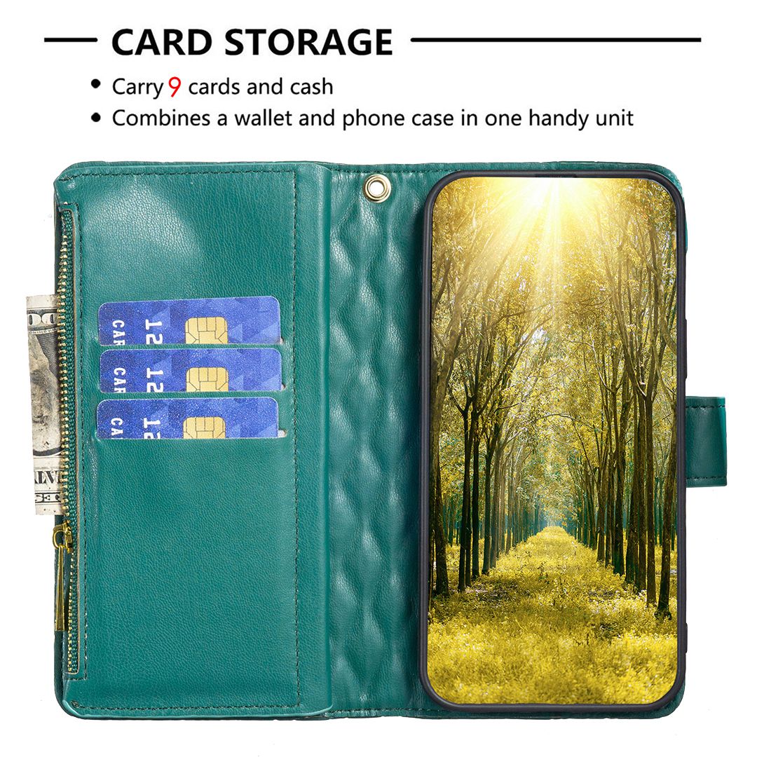 BINFEN COLOR for Samsung Galaxy A52 4G / 5G / A52s 5G BF Style-15 Imprinted Rhombus Pattern Protective Case with Zipper Pocket Stand Matte PU Leather Wallet Cover