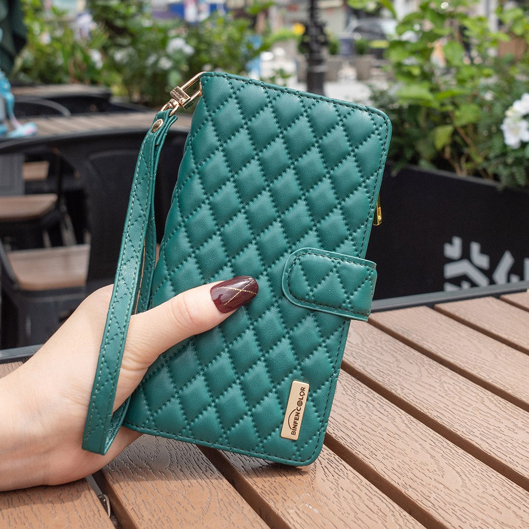 BINFEN COLOR for Samsung Galaxy A52 4G / 5G / A52s 5G BF Style-15 Imprinted Rhombus Pattern Protective Case with Zipper Pocket Stand Matte PU Leather Wallet Cover