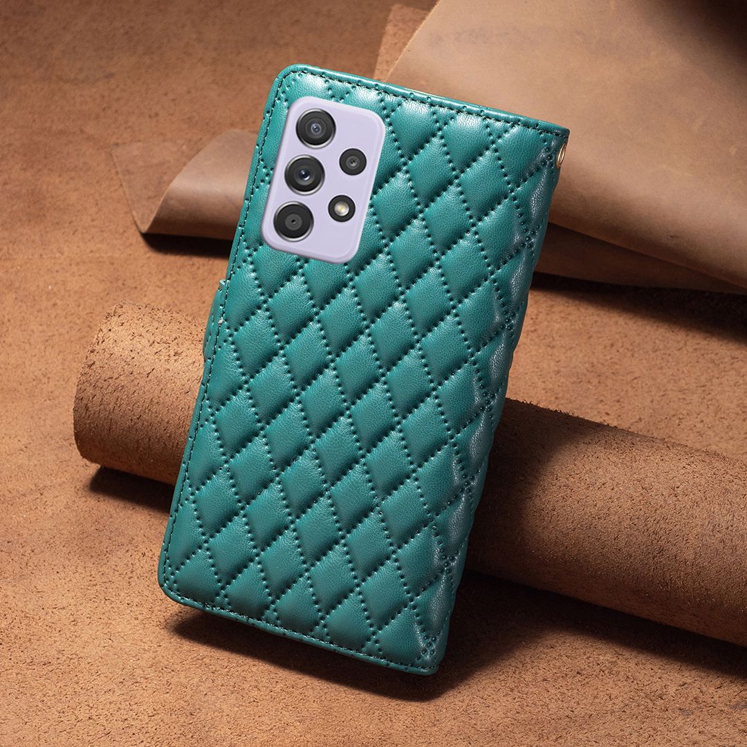 BINFEN COLOR for Samsung Galaxy A52 4G / 5G / A52s 5G BF Style-15 Imprinted Rhombus Pattern Protective Case with Zipper Pocket Stand Matte PU Leather Wallet Cover