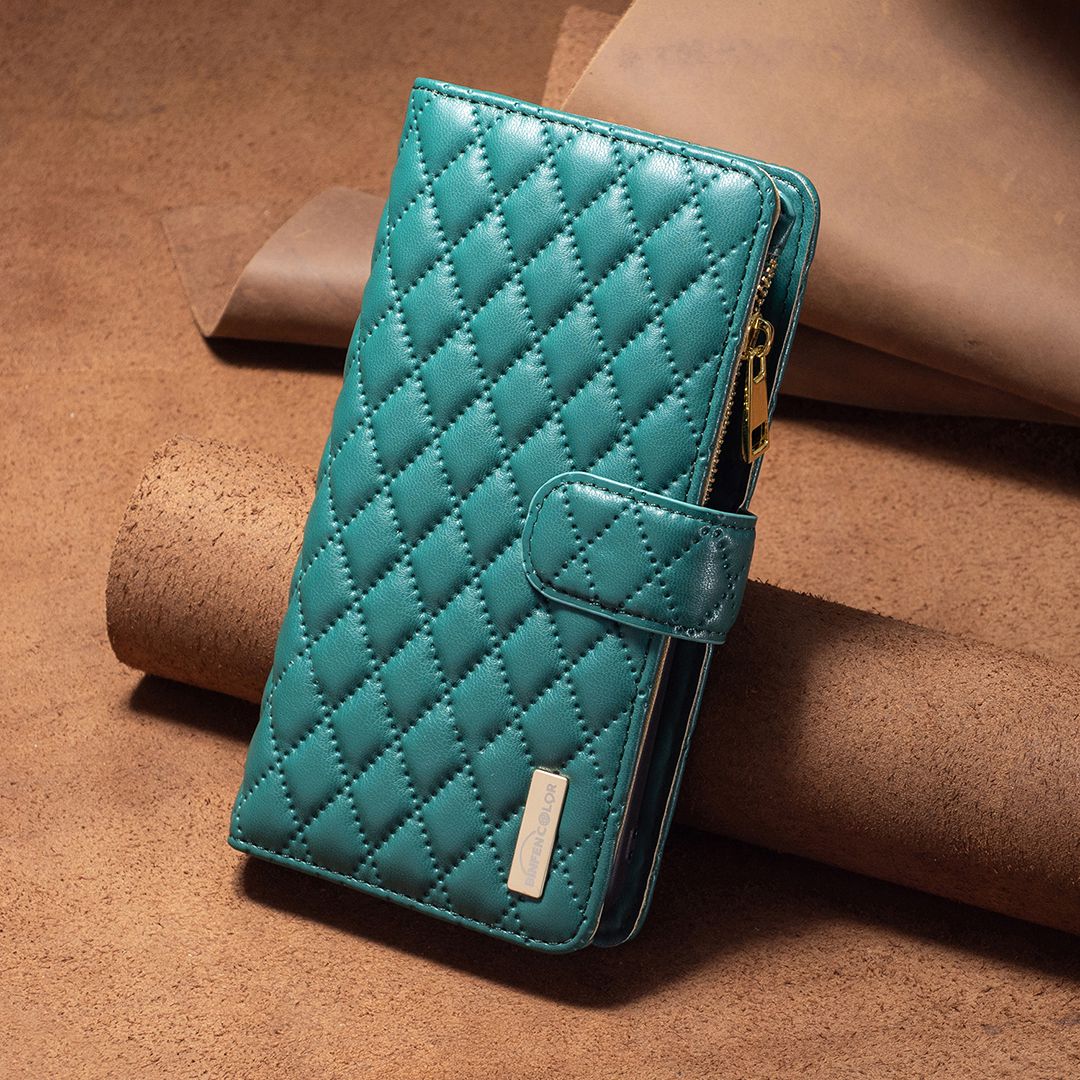 BINFEN COLOR for Samsung Galaxy A52 4G / 5G / A52s 5G BF Style-15 Imprinted Rhombus Pattern Protective Case with Zipper Pocket Stand Matte PU Leather Wallet Cover