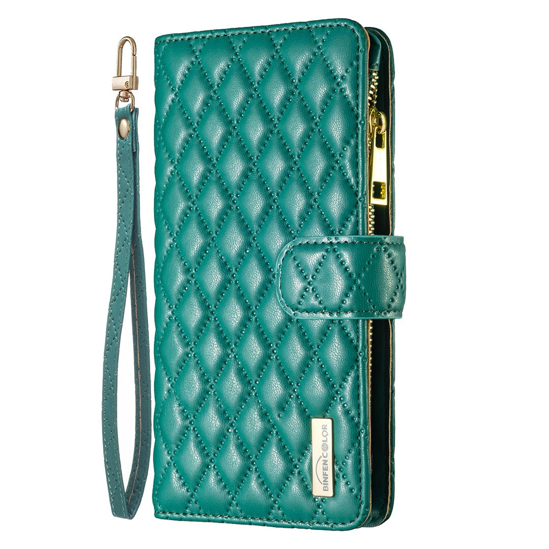 BINFEN COLOR for Samsung Galaxy A52 4G / 5G / A52s 5G BF Style-15 Imprinted Rhombus Pattern Protective Case with Zipper Pocket Stand Matte PU Leather Wallet Cover