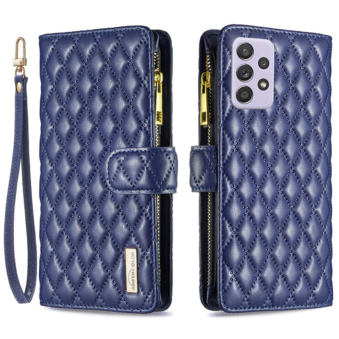 BINFEN COLOR for Samsung Galaxy A52 4G / 5G / A52s 5G BF Style-15 Imprinted Rhombus Pattern Protective Case with Zipper Pocket Stand Matte PU Leather Wallet Cover
