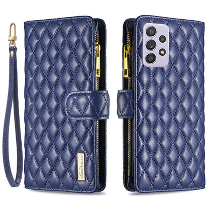 BINFEN COLOR for Samsung Galaxy A52 4G / 5G / A52s 5G BF Style-15 Imprinted Rhombus Pattern Protective Case with Zipper Pocket Stand Matte PU Leather Wallet Cover