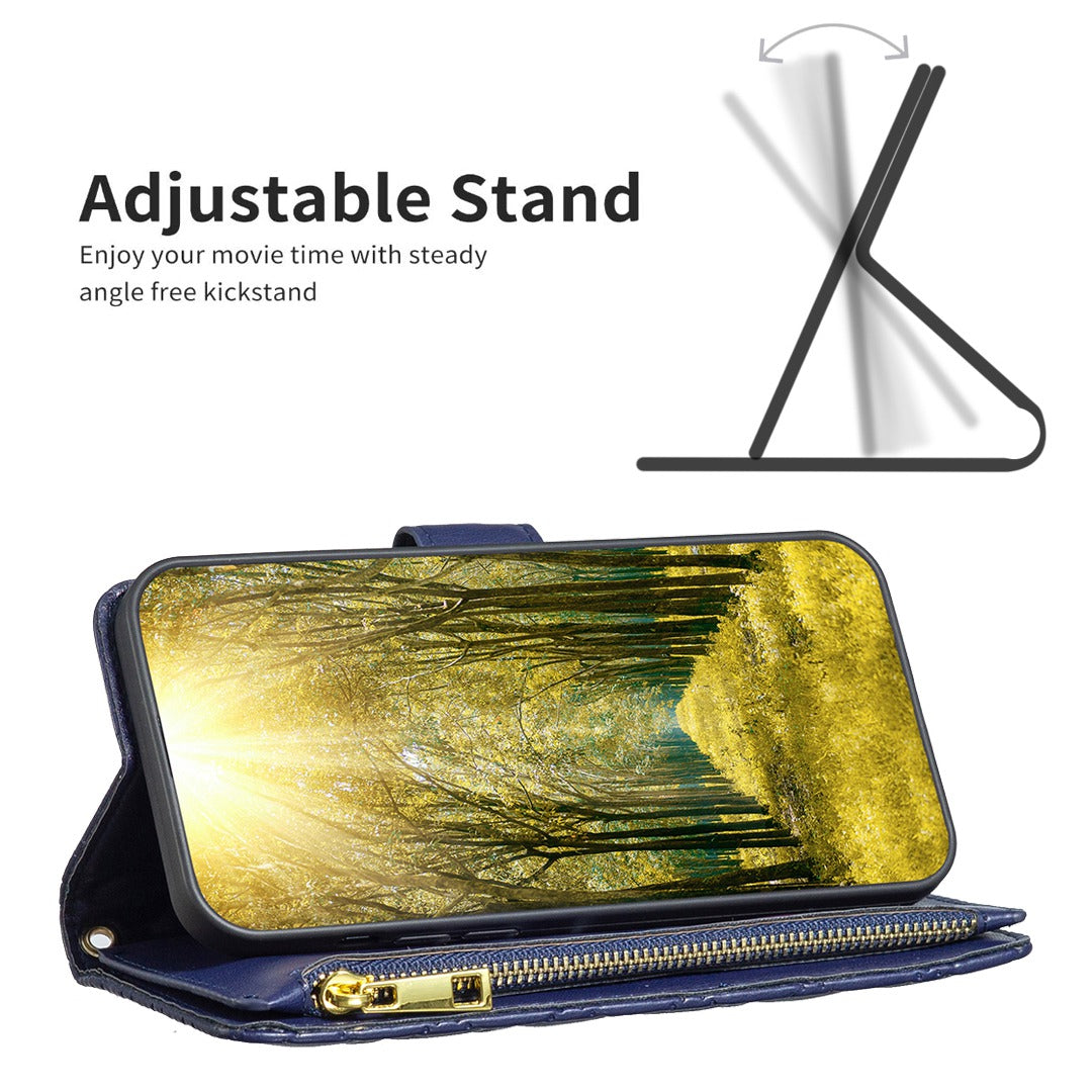 BINFEN COLOR for Samsung Galaxy A52 4G / 5G / A52s 5G BF Style-15 Imprinted Rhombus Pattern Protective Case with Zipper Pocket Stand Matte PU Leather Wallet Cover