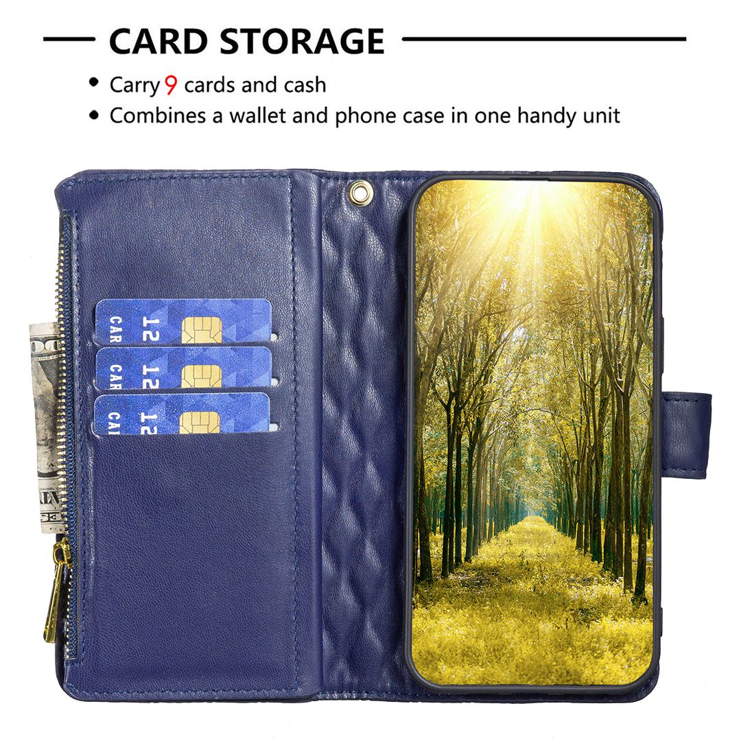 BINFEN COLOR for Samsung Galaxy A52 4G / 5G / A52s 5G BF Style-15 Imprinted Rhombus Pattern Protective Case with Zipper Pocket Stand Matte PU Leather Wallet Cover