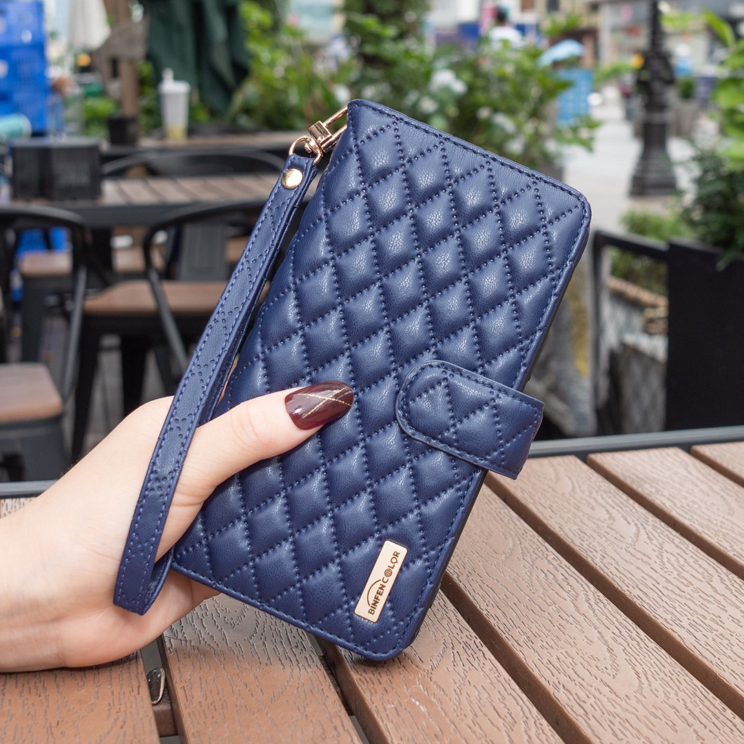 BINFEN COLOR for Samsung Galaxy A52 4G / 5G / A52s 5G BF Style-15 Imprinted Rhombus Pattern Protective Case with Zipper Pocket Stand Matte PU Leather Wallet Cover