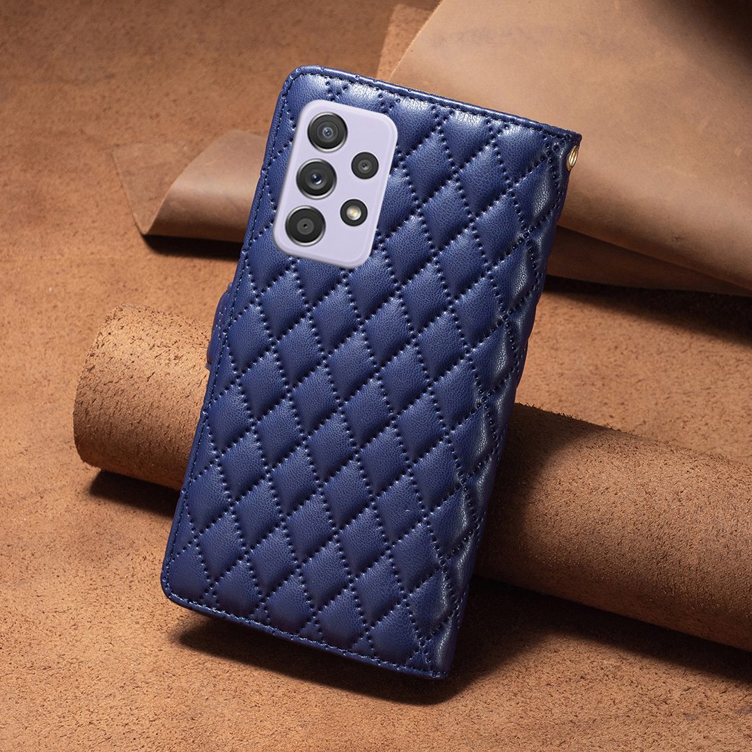 BINFEN COLOR for Samsung Galaxy A52 4G / 5G / A52s 5G BF Style-15 Imprinted Rhombus Pattern Protective Case with Zipper Pocket Stand Matte PU Leather Wallet Cover