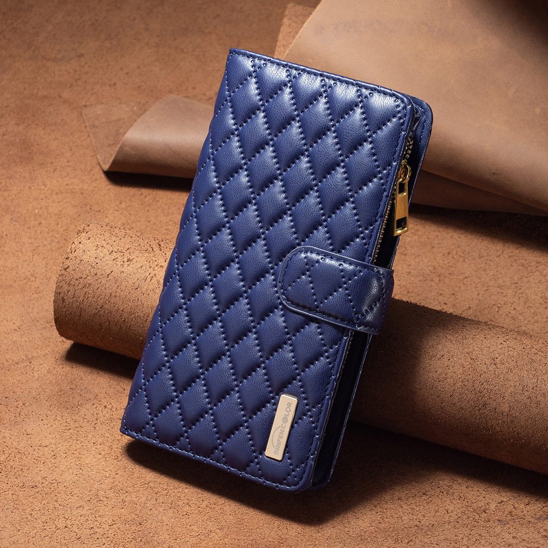BINFEN COLOR for Samsung Galaxy A52 4G / 5G / A52s 5G BF Style-15 Imprinted Rhombus Pattern Protective Case with Zipper Pocket Stand Matte PU Leather Wallet Cover