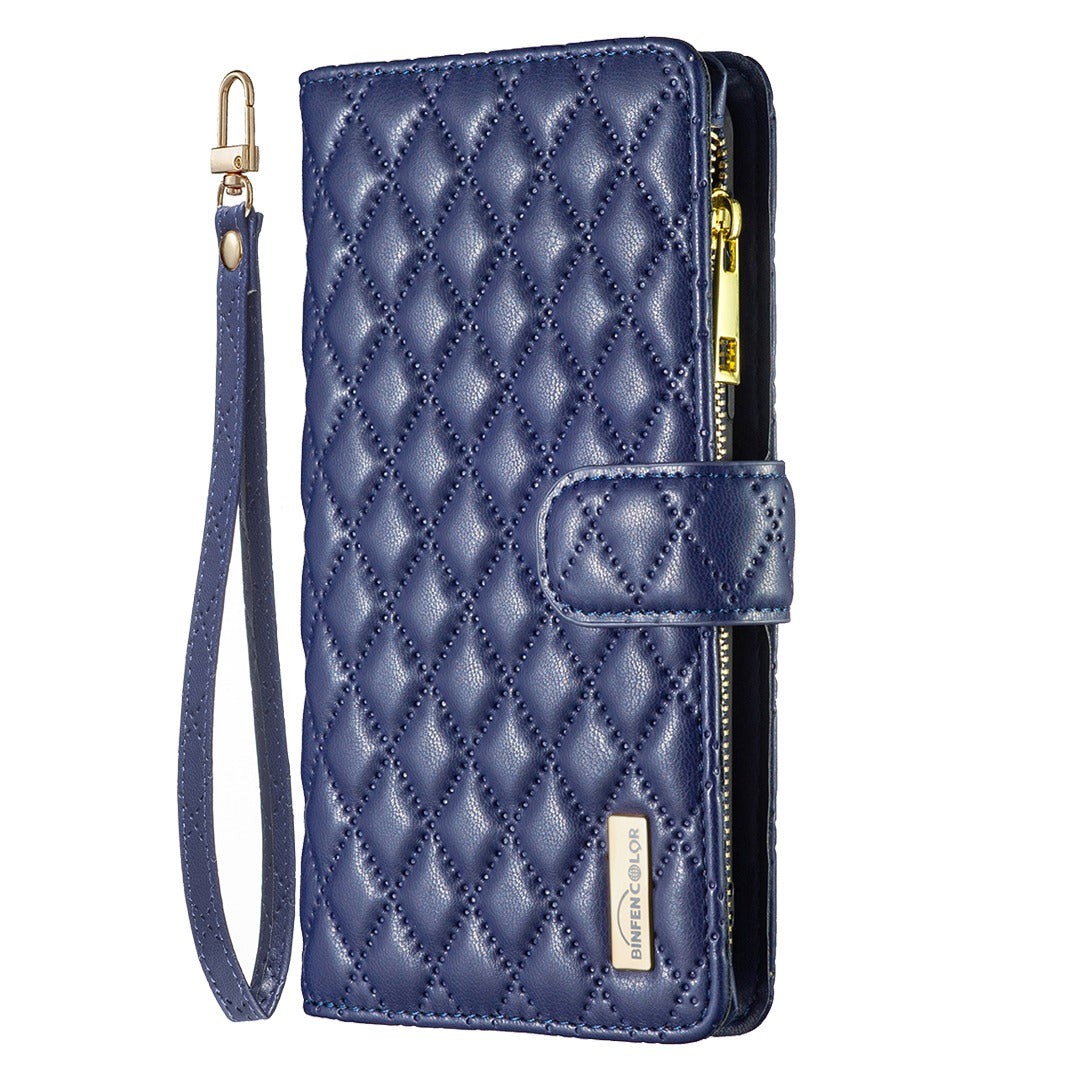 BINFEN COLOR for Samsung Galaxy A52 4G / 5G / A52s 5G BF Style-15 Imprinted Rhombus Pattern Protective Case with Zipper Pocket Stand Matte PU Leather Wallet Cover