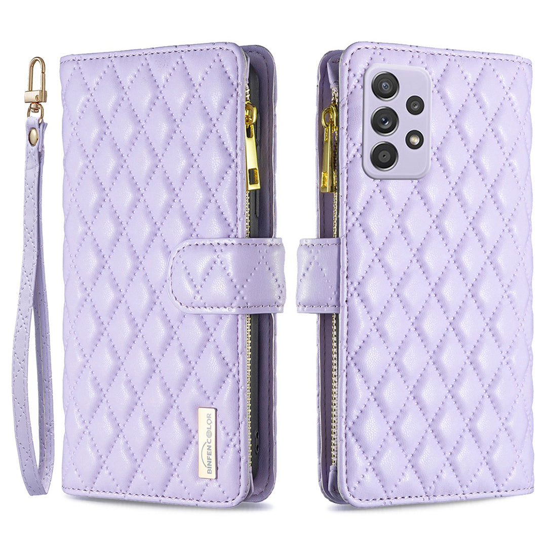 BINFEN COLOR for Samsung Galaxy A52 4G / 5G / A52s 5G BF Style-15 Imprinted Rhombus Pattern Protective Case with Zipper Pocket Stand Matte PU Leather Wallet Cover