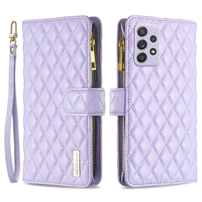 BINFEN COLOR for Samsung Galaxy A52 4G / 5G / A52s 5G BF Style-15 Imprinted Rhombus Pattern Protective Case with Zipper Pocket Stand Matte PU Leather Wallet Cover