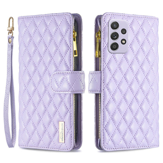 BINFEN COLOR for Samsung Galaxy A52 4G / 5G / A52s 5G BF Style-15 Imprinted Rhombus Pattern Protective Case with Zipper Pocket Stand Matte PU Leather Wallet Cover