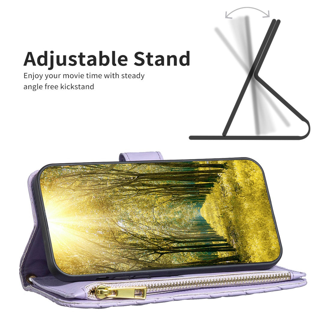 BINFEN COLOR for Samsung Galaxy A52 4G / 5G / A52s 5G BF Style-15 Imprinted Rhombus Pattern Protective Case with Zipper Pocket Stand Matte PU Leather Wallet Cover