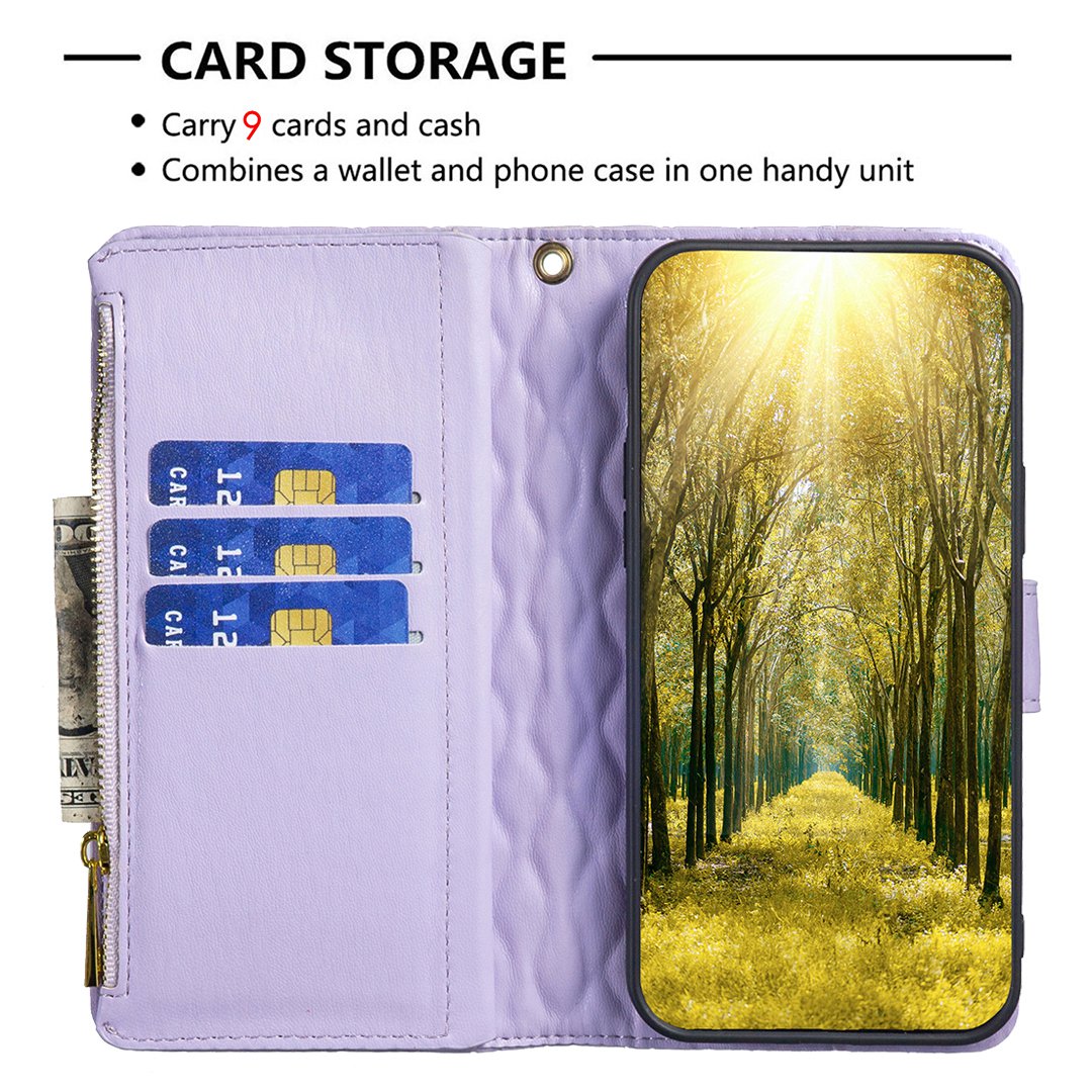 BINFEN COLOR for Samsung Galaxy A52 4G / 5G / A52s 5G BF Style-15 Imprinted Rhombus Pattern Protective Case with Zipper Pocket Stand Matte PU Leather Wallet Cover