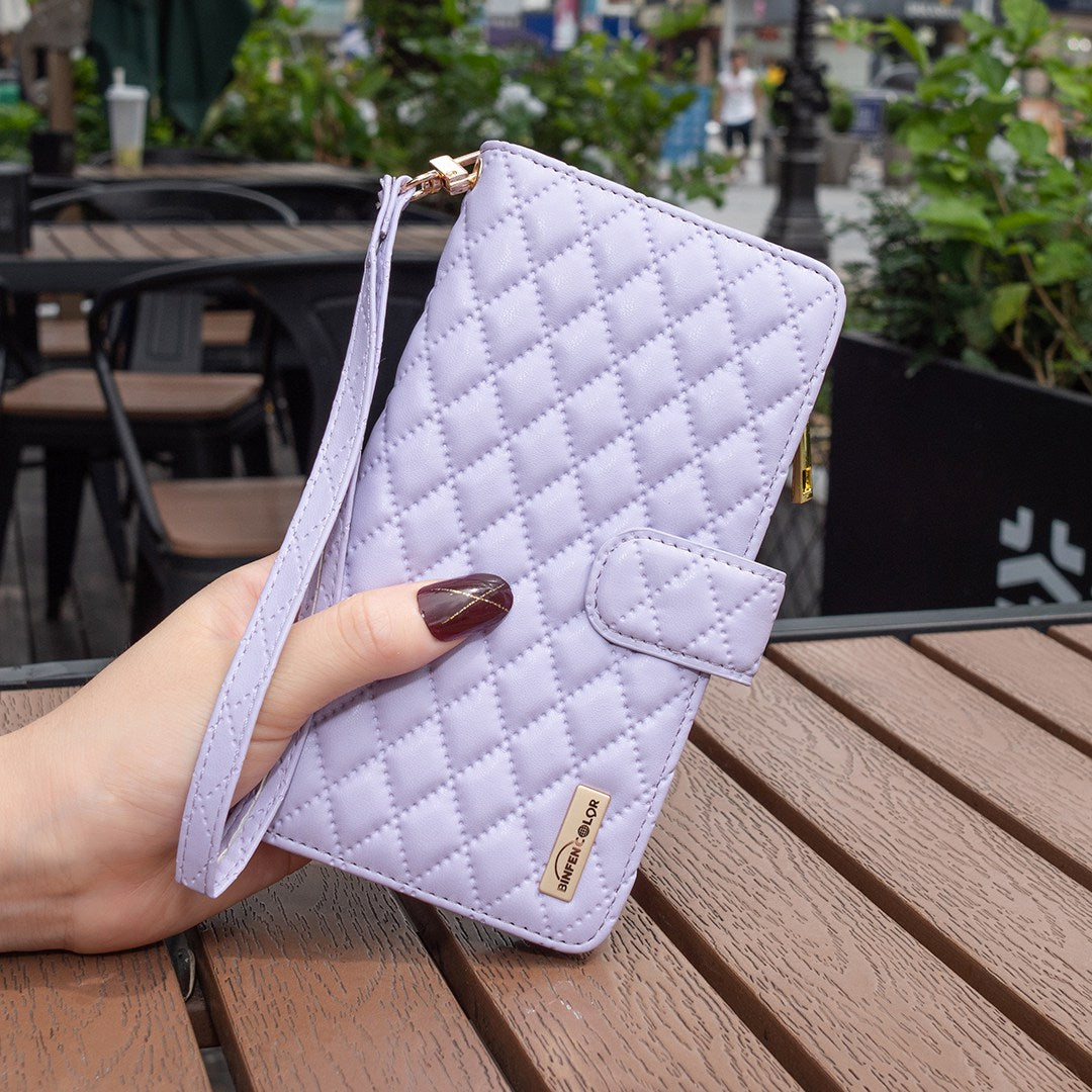 BINFEN COLOR for Samsung Galaxy A52 4G / 5G / A52s 5G BF Style-15 Imprinted Rhombus Pattern Protective Case with Zipper Pocket Stand Matte PU Leather Wallet Cover