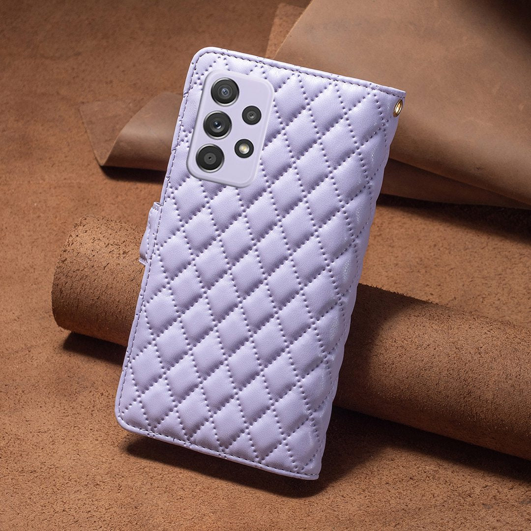 BINFEN COLOR for Samsung Galaxy A52 4G / 5G / A52s 5G BF Style-15 Imprinted Rhombus Pattern Protective Case with Zipper Pocket Stand Matte PU Leather Wallet Cover
