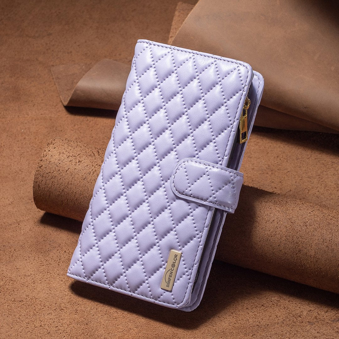 BINFEN COLOR for Samsung Galaxy A52 4G / 5G / A52s 5G BF Style-15 Imprinted Rhombus Pattern Protective Case with Zipper Pocket Stand Matte PU Leather Wallet Cover