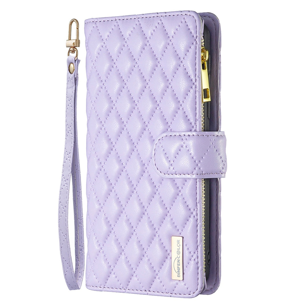 BINFEN COLOR for Samsung Galaxy A52 4G / 5G / A52s 5G BF Style-15 Imprinted Rhombus Pattern Protective Case with Zipper Pocket Stand Matte PU Leather Wallet Cover