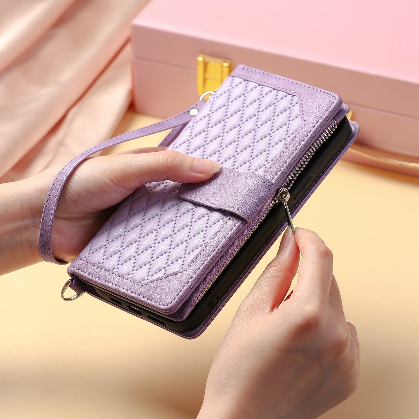 For iPhone 13 Pro 6.1 inch 005 Wallet Design Folio Flip Magnetic Phone Cover Rhombus Grid Texture PU Leather Zipper Pocket Stand Case