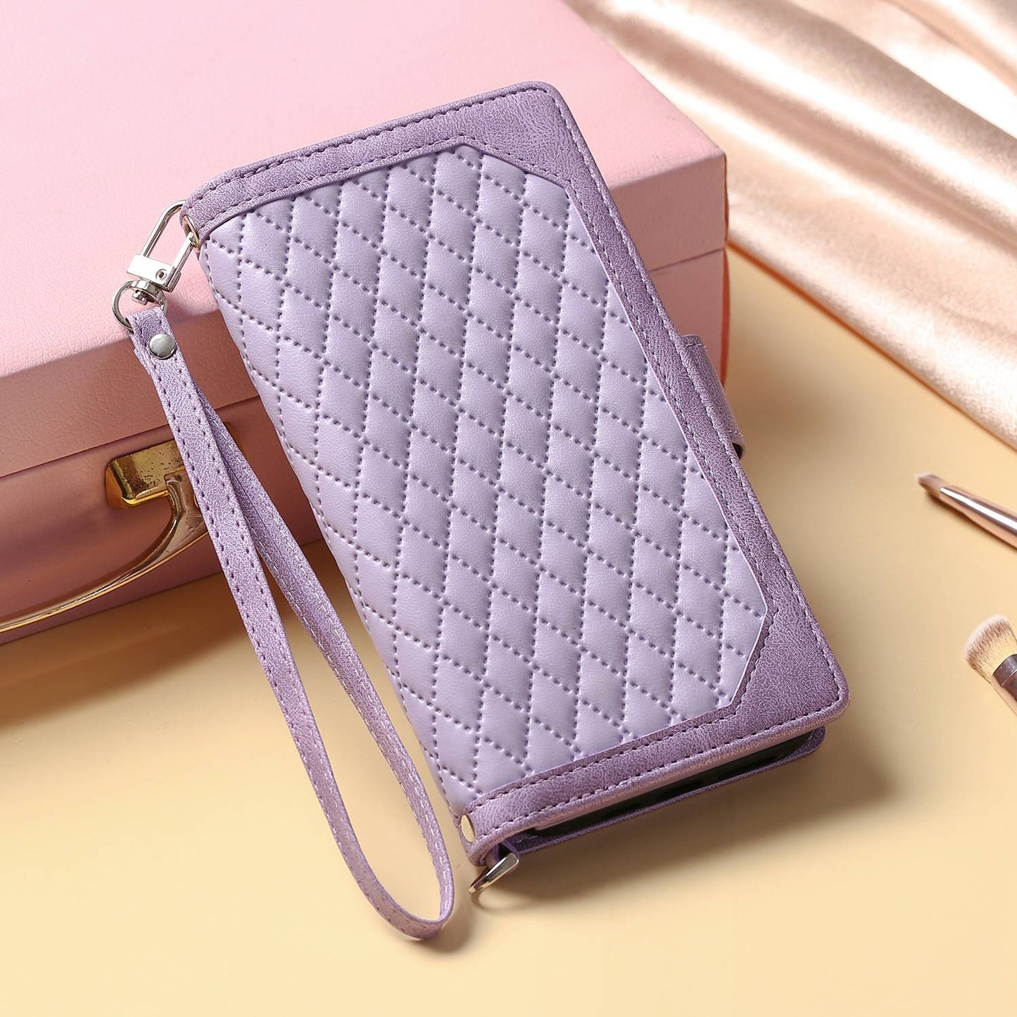 For iPhone 13 Pro 6.1 inch 005 Wallet Design Folio Flip Magnetic Phone Cover Rhombus Grid Texture PU Leather Zipper Pocket Stand Case