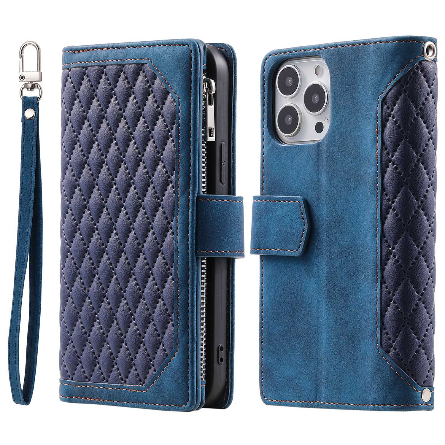 For iPhone 13 Pro 6.1 inch 005 Wallet Design Folio Flip Magnetic Phone Cover Rhombus Grid Texture PU Leather Zipper Pocket Stand Case