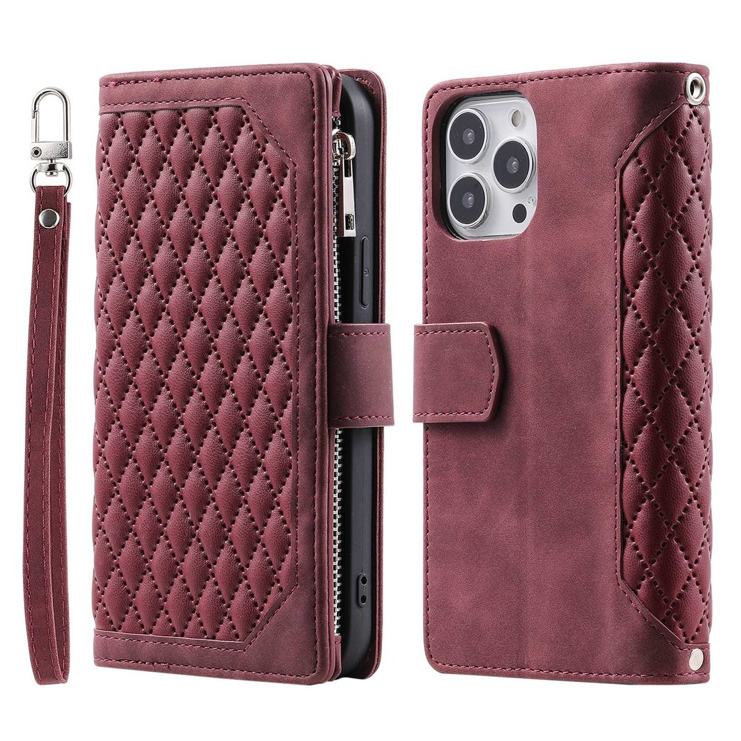 For iPhone 13 Pro 6.1 inch 005 Wallet Design Folio Flip Magnetic Phone Cover Rhombus Grid Texture PU Leather Zipper Pocket Stand Case