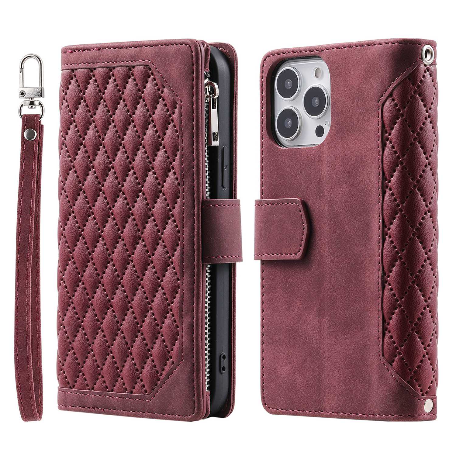 For iPhone 13 Pro 6.1 inch 005 Wallet Design Folio Flip Magnetic Phone Cover Rhombus Grid Texture PU Leather Zipper Pocket Stand Case