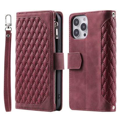 For iPhone 13 Pro 6.1 inch 005 Wallet Design Folio Flip Magnetic Phone Cover Rhombus Grid Texture PU Leather Zipper Pocket Stand Case