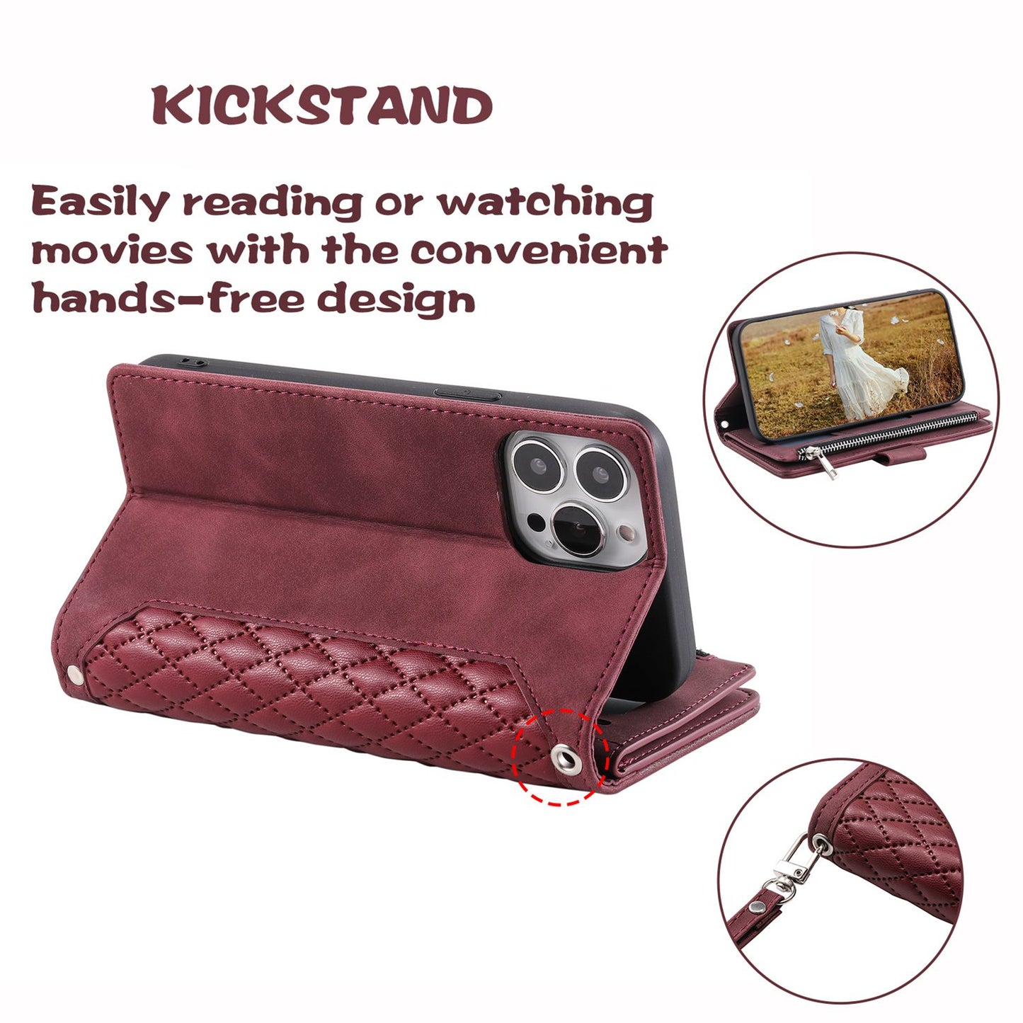For iPhone 13 Pro 6.1 inch 005 Wallet Design Folio Flip Magnetic Phone Cover Rhombus Grid Texture PU Leather Zipper Pocket Stand Case