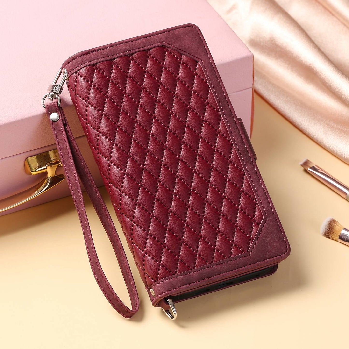 For iPhone 13 Pro 6.1 inch 005 Wallet Design Folio Flip Magnetic Phone Cover Rhombus Grid Texture PU Leather Zipper Pocket Stand Case